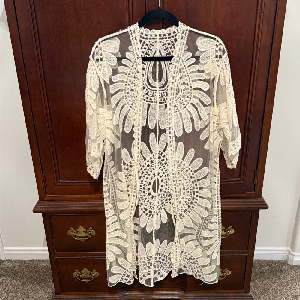 Cream Lace Kimono Cardigan Boho Sheer Duster Open Front OS